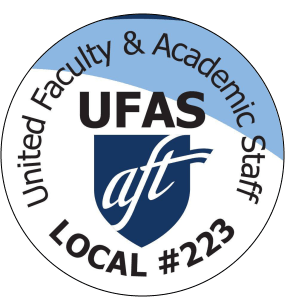 The UFAS logo - "United Faculty & Academic Staff" arranged in a semi-circle over UFAS a blue shield with white font reading aft. Local #223 is in bold at the bottom.