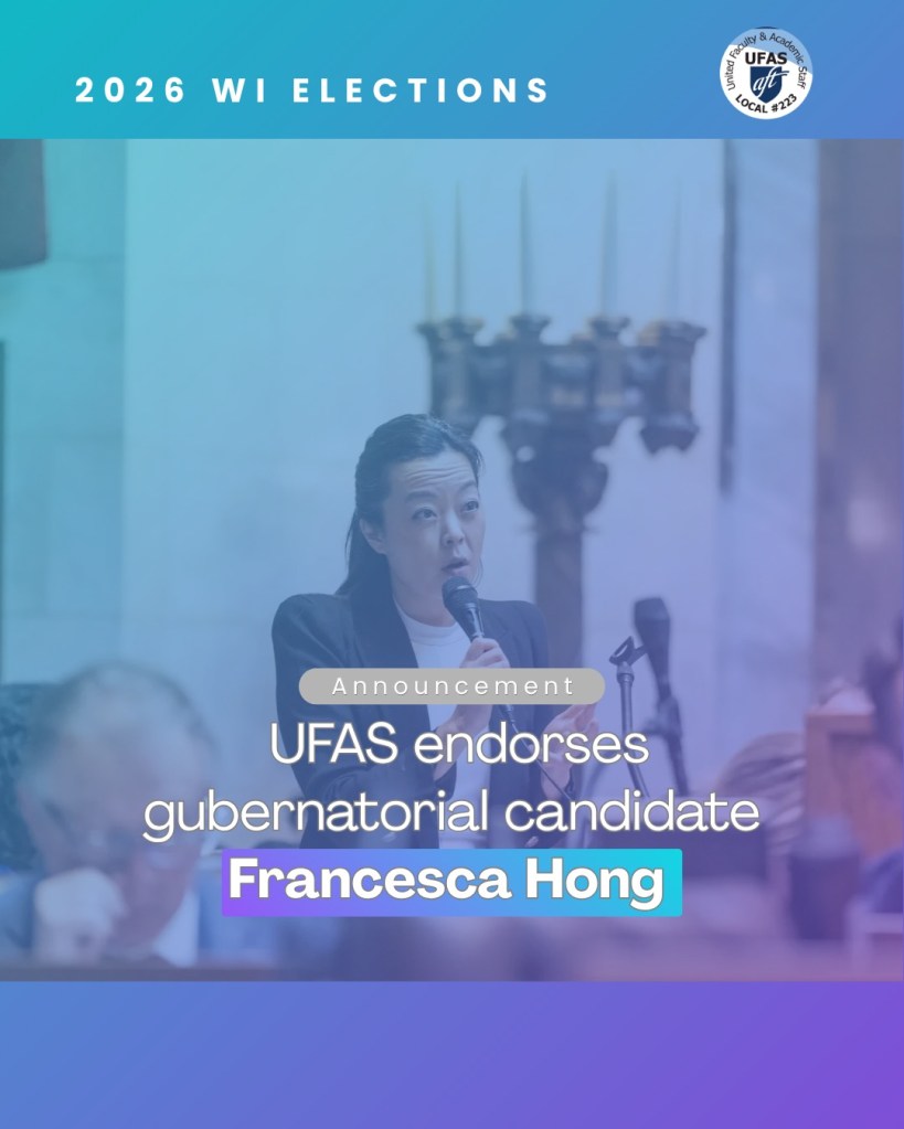Superimposed over a photo of Francesca Hong, the text "Announcement: UFAS endorses gubernatorial candidate Francesca Hong"